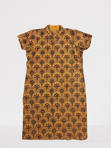 Yellow Ajrakh Short Sleeve Kurti