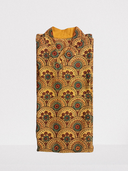 Yellow Ajrakh Short Sleeve Kurti